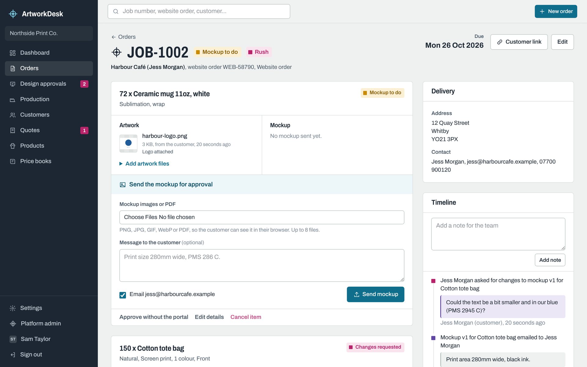 An order in ArtworkDesk, with each product's artwork, mockup and approval status